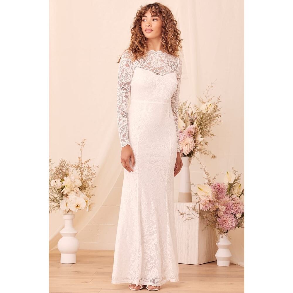 Lulus Farida Crochet Floral Lace Fishtail Maxi Dress Long Sleeves Size M White